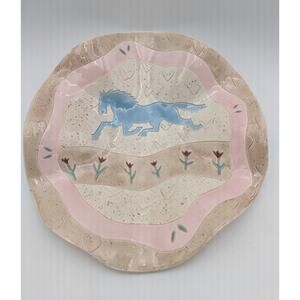 Vintage 1987 Barbara Demery Southwest Ceramic Shallow Bowl – Blue Horse-Signed